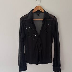 Vtg The‎ Limited Black Sheer Blouse Medium Asymmetrical Beads Satin Collar Cuffs